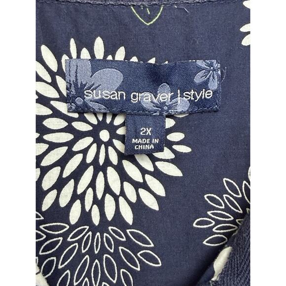 Susan Graver Women’s Plus Sz 2X Cotton Shirt Button Down Floral Print Navy White - Picture 9 of 16